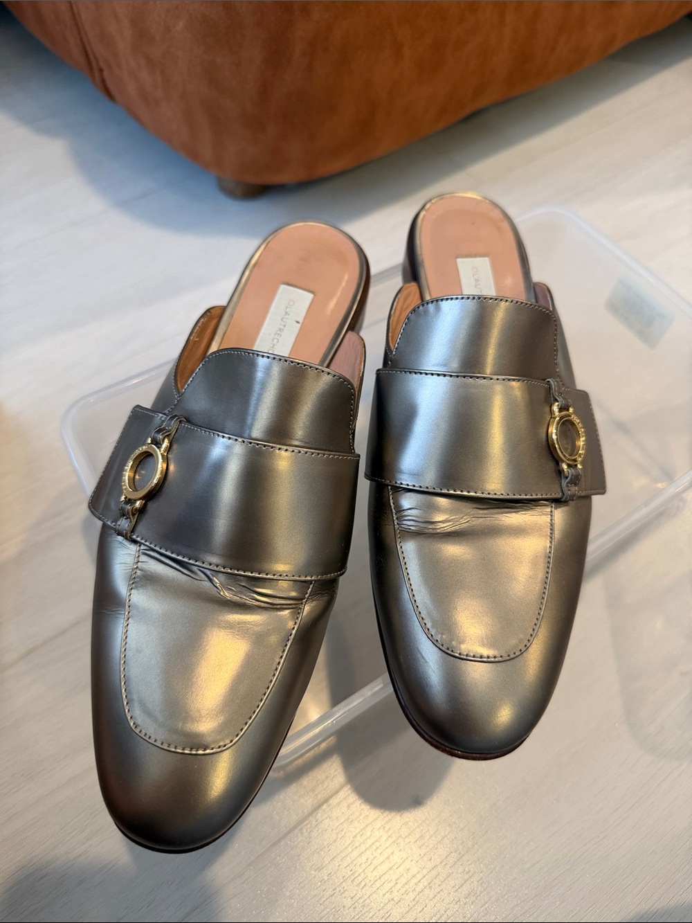 Metallic Gray Leather Slip-On Mules with Gold Buckle